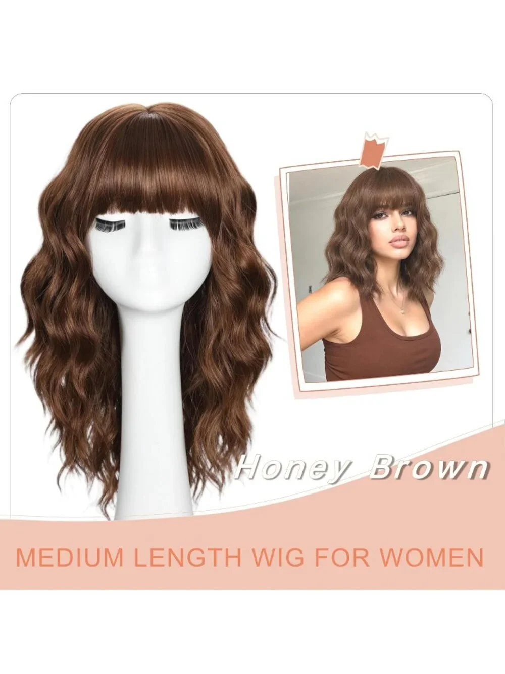 Women's Honey Brown 16 Inch Wavy Wig Bangs Shoulder Length Synthetic Hair
